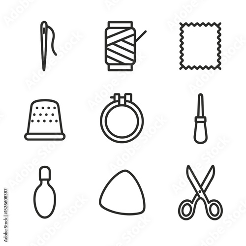 Jean Repair Tools Icons. Outline icon set of jean repair tools: denim needle, heavy thread spool, patch piece, thimble, embroidery