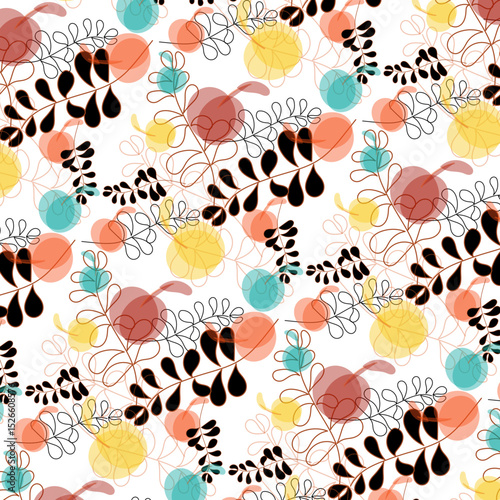 Pattern con sagome di foglie nere e marroni e frutti colorati in trasparenza