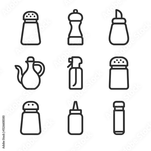 Kitchen Seasoning Icons. Outline icon set of kitchen seasoning shakers: salt shaker, pepper mill, sugar dispenser, oil cruet,