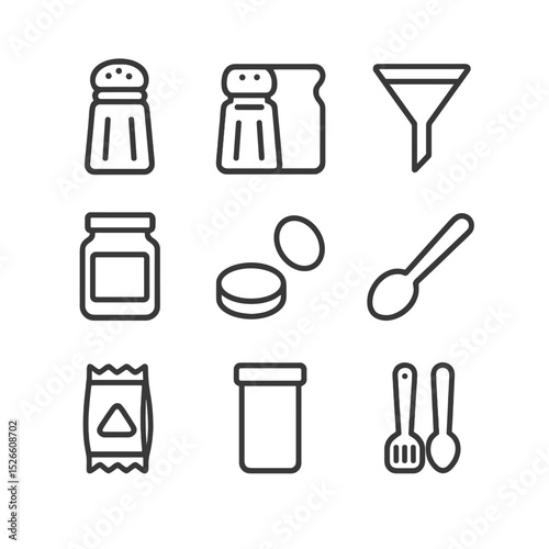Kitchen Seasoning Icons. Outline icon set of kitchen seasoning refill: salt shaker, pepper, funnel, seasoning jar, lid, spoon,