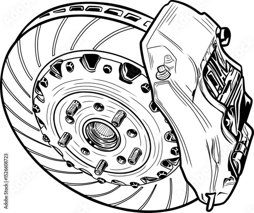 Technical vector icon of a performance disc brake system. Perfect for auto parts, racing, or engineering-related projects.