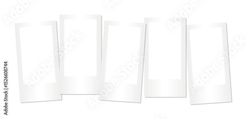 Set of five empty white instant photo frames isolated on transparent background mockup layout for photography collage design retro memory nostalgia scrapbook template printable decor element