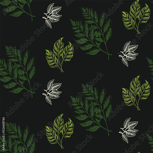 Green, white, and black seamless pattern. Features a mix of solid, textured, and outlined olive leaf bunches, creating a sophisticated and artistic botanical feel.