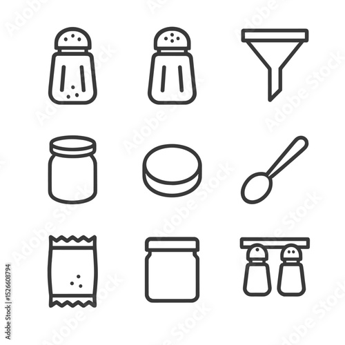 Kitchen Seasoning Icons. Outline icon set of kitchen seasoning refill: salt shaker, pepper, funnel, seasoning jar, lid, spoon,