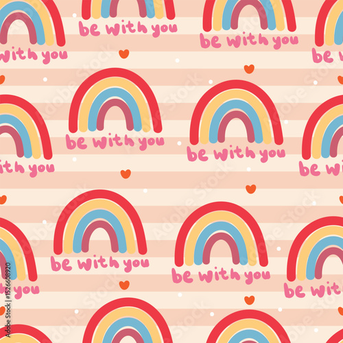 cute cartoon boho rainbow seamless pattern with be with you caption for background, wallpaper and gift wrap paper