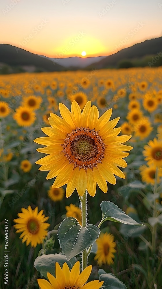 Fototapeta premium Golden sunset over a vibrant sunflower field
