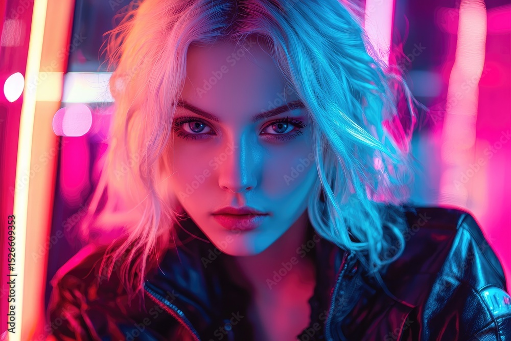 Fototapeta premium Close-up cyberpunk portrait of a blonde woman in neon pink and blue light wearing a black jacket, ideal for sci-fi character art, futuristic design, and digital media concepts