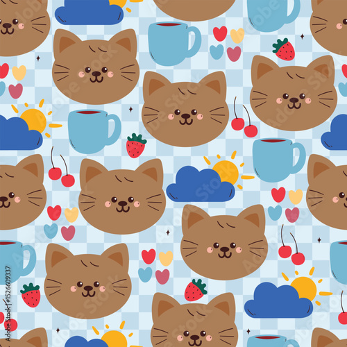 seamless pattern cute cartoon cat with cups and clouds. animal drawing for wallpaper and gift wrap paper