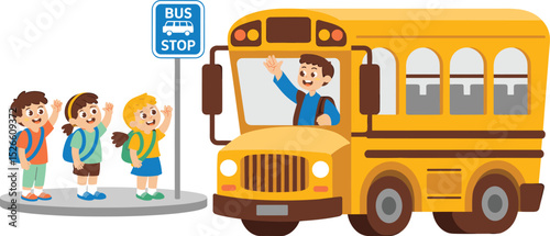 Happy school children waiting at bus stop, yellow school bus arriving, friendly driver waving, kids ready for school education journey.