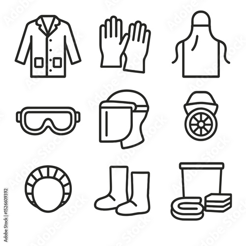 Lab Safety Gear Icons. Outline icon set of laboratory safety gear: lab coat, nitrile gloves, chemical-resistant apron, safety