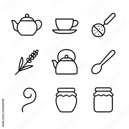 Lavender Tea Icon Set. Outline icon set of lavender tea ceremony: teapot, teacup, saucer, tea infuser, lavender sprig, tea kettle,