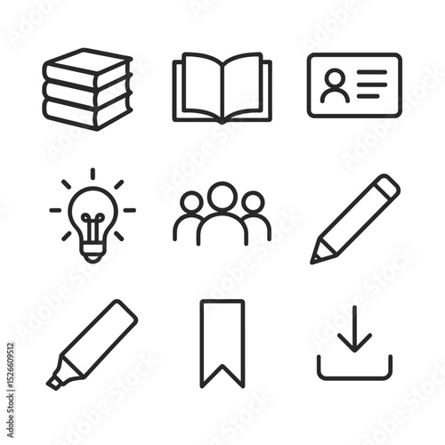 Learning Resources Icons. Outline icon set of shared learning resources: textbook stack, open book, flashcard, lightbulb idea,