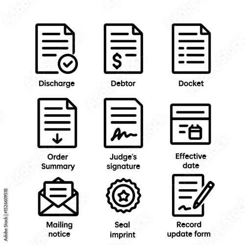 Legal Document Icons. Outline icon set of discharge order paperwork: discharge certificate, debtor certificate, docket entry,
