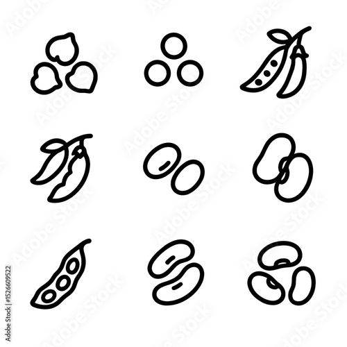 Legume Crop Icon Set. Outline icon set of legume crops: chickpea, lentil, pea, broad bean, mung bean, faba bean, soybean, cowpea,