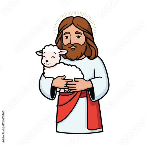 Shepherd Hugging Lamb Peacefully Vector Style Icons