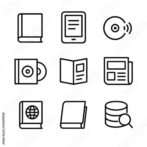 Library Resource Icons. Outline icon set of library resources: hardcover book, e-book reader, audiobook CD, DVD case, magazine,