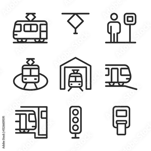 Light Rail Icons. Outline icon set of light rail and trams: tram car, overhead wire, tram stop, turntable, depot, low-floor ramp,