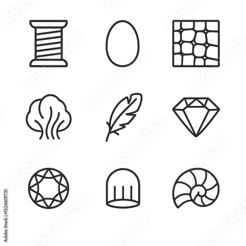 Luxury Material Icons. Outline icon set of luxury materials: gold thread spool, silk cocoon, crocodile skin texture, cashmere tuft