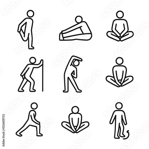 Lower Body Stretch Icons. Outline icon set of lower body stretches: standing quad, seated hamstring, butterfly stretch, calf raise