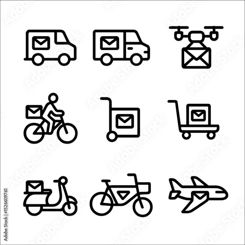 Mail Delivery Icons. Outline icon set of mail delivery vehicles: postal van, mail truck, bicycle courier, drone flyer, postal