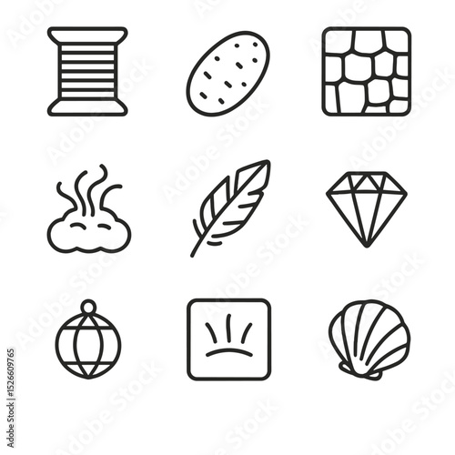 Luxury Material Icons. Outline icon set of luxury materials: gold thread spool, silk cocoon, crocodile skin texture, cashmere tuft