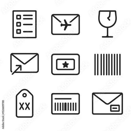 Mailing Icons Grid. Outline icon set of international mailing envelopes: customs declaration form, airmail label, fragile sticker,