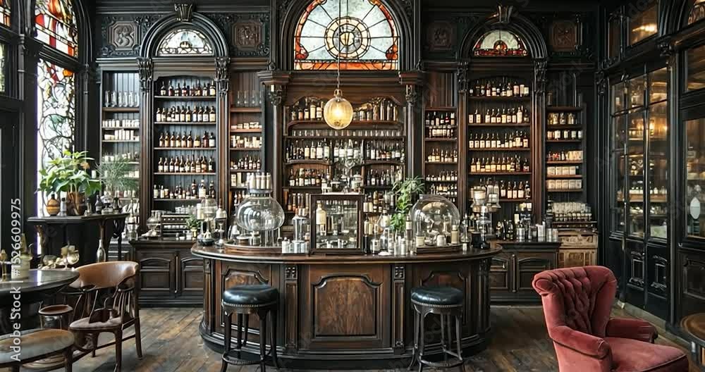 Interior shot of a vintage store with shelves filled with bottles and glass containers. The antique interior is elegant and luxurious. The store is filled with a variety of vintage items and
