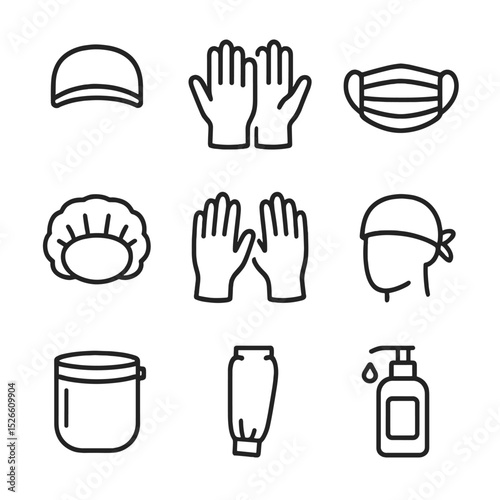 Medical PPE Icon Set. Outline icon set of medical PPE essentials: surgical cap, latex gloves, face mask, bouffant cap, nitrile