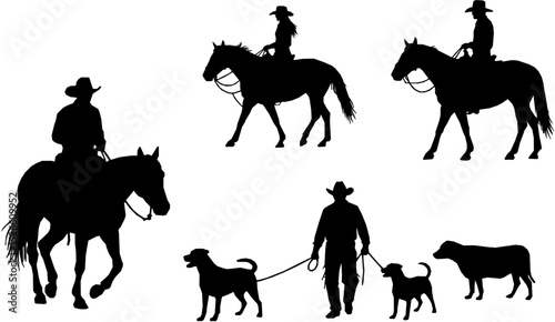 A vector silhouette three cowboys and one cowgirl riding horses and one cowboy is walking and leading a horse. There are also two cow dog silhouettes.

