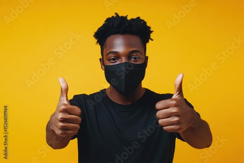 Black Boy Face Mask. Young Guy Wearing Face Mask Showing Thumbs Up on Yellow Background