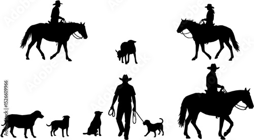 A vector silhouette three cowboys and one cowgirl riding horses and one cowboy is walking and leading a horse. There are also two cow dog silhouettes.
