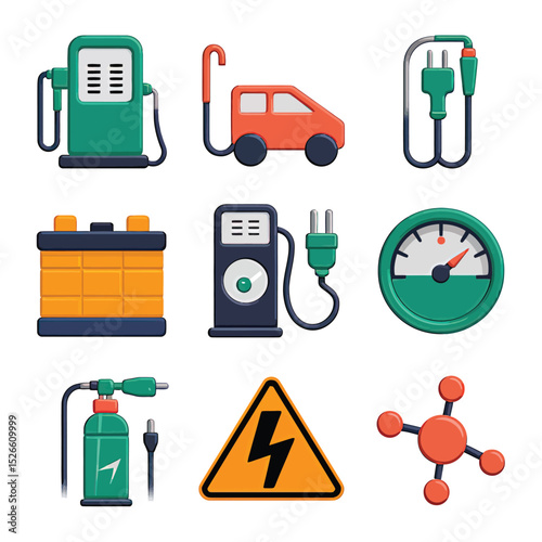 vector icons to vehicle fueling and charging a gasoline pump, an electric vehicle plug hydrogen mole