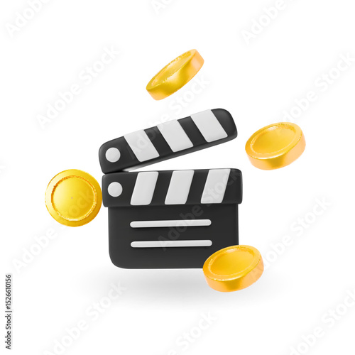 Filmmaker's clapboard vector icon and coins. Monetization blog, vlog. Blogger earnings, monetize. film clapper and money Hollywood Film clapperboard illustration.