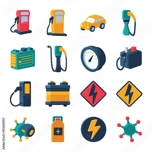vector icons to vehicle fueling and charging a gasoline pump, an electric vehicle plug hydrogen mole