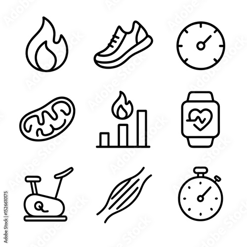 Metabolism Icon Set. Outline icon set of metabolism and energy expenditure: flame icon, running shoe, resting metabolic rate gauge