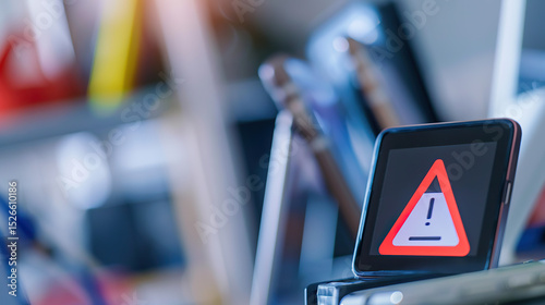 Close-up of smartphone screen displaying red warning alert symbol, tech devices in background, concept of product recall, safety warning and technology risk management.
