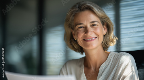 Confident Mature Businesswoman Smiling in Office Setting photo