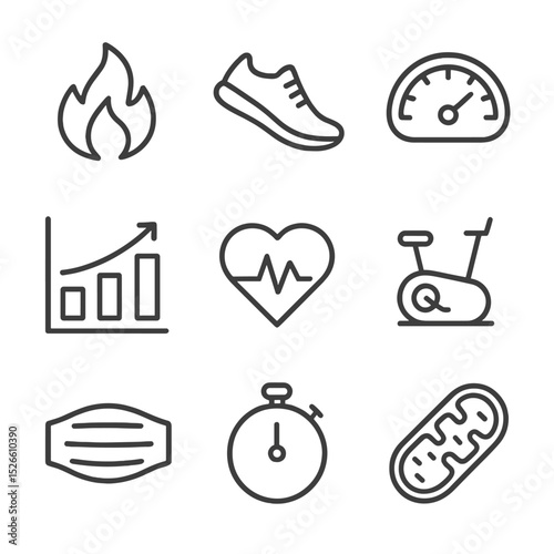 Metabolism Icon Set. Outline icon set of metabolism and energy expenditure: flame icon, running shoe, resting metabolic rate gauge