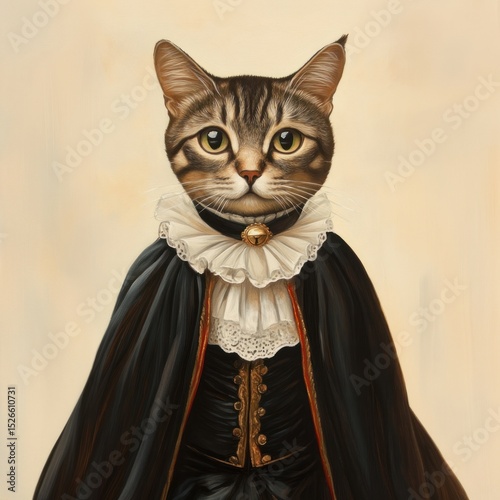 A cat costumes wearing victorian fashion outfit animal portrait painting.