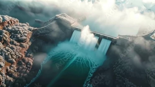 Aerial View of Hydroelectric Dam with Water Flowing in Winter