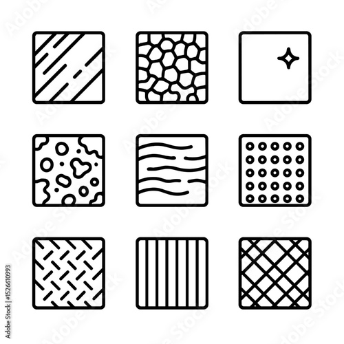 Metal Texture Icons. Outline icon set of metal textures: brushed metal, hammered finish, polished surface, rust pattern, oxidized