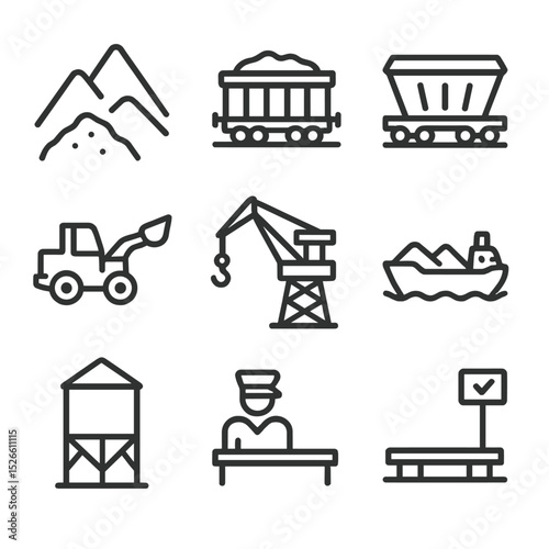 Mine-to-Port Logistics Icons. Outline icon set of mine-to-port logistics: mine site, railway wagon, hopper car, loading shovel,
