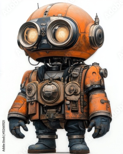 Detailed Robot Figure with Round Head and Large Eyes Standing on White Background