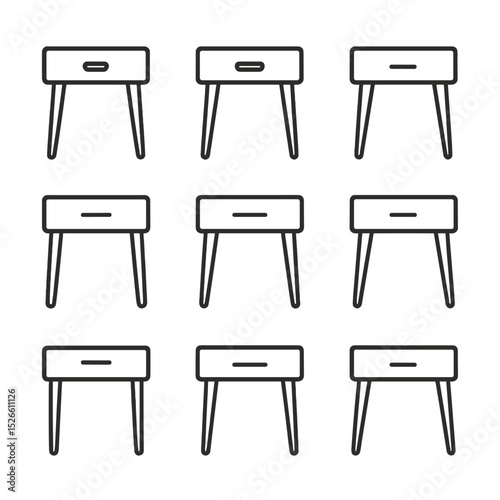 Minimalist Side Table Icons. Outline icon set of minimalist side table design: wooden leg, rectangular top, slim drawer, handle