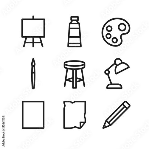 Minimalist Art Icons. Outline icon set of minimalist art corner: blank canvas, single paint tube, monochrome palette, fine liner