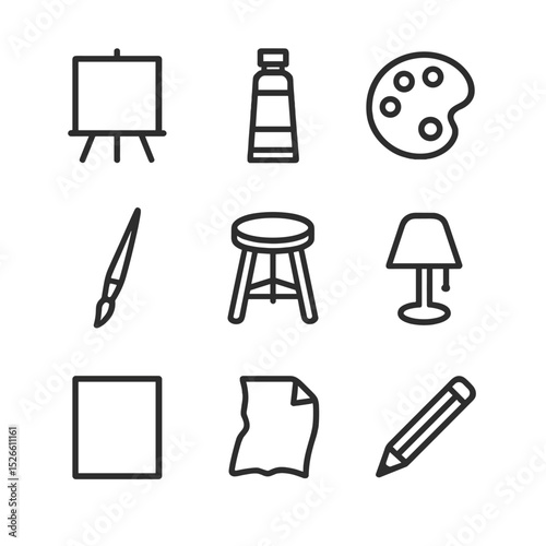 Minimalist Art Icons. Outline icon set of minimalist art corner: blank canvas, single paint tube, monochrome palette, fine liner