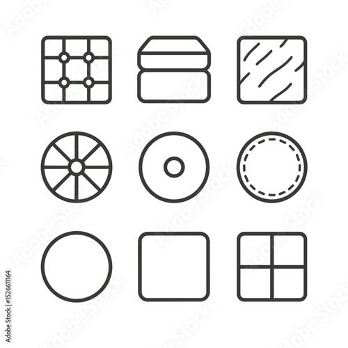 Modern Ottoman Icon Set. Outline icon set of modern ottoman top: tufting, cushion, fabric, leather, decorative button, stitching,