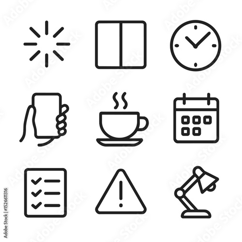 Multitasking Icon Set. Outline icon set of multitasking and distraction: spinning wheel loading, split-screen, clock, phone in