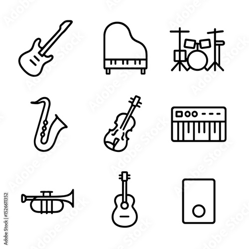 Musical Instrument Icons. Outline icon set of musical instruments: electric guitar, grand piano, drum kit, saxophone, violin,