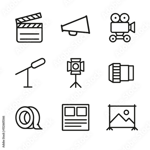 Movie Props Icons. Outline icon set of movie props: clapperboard, director megaphone, camera dolly, boom mic, lighting rig, camera